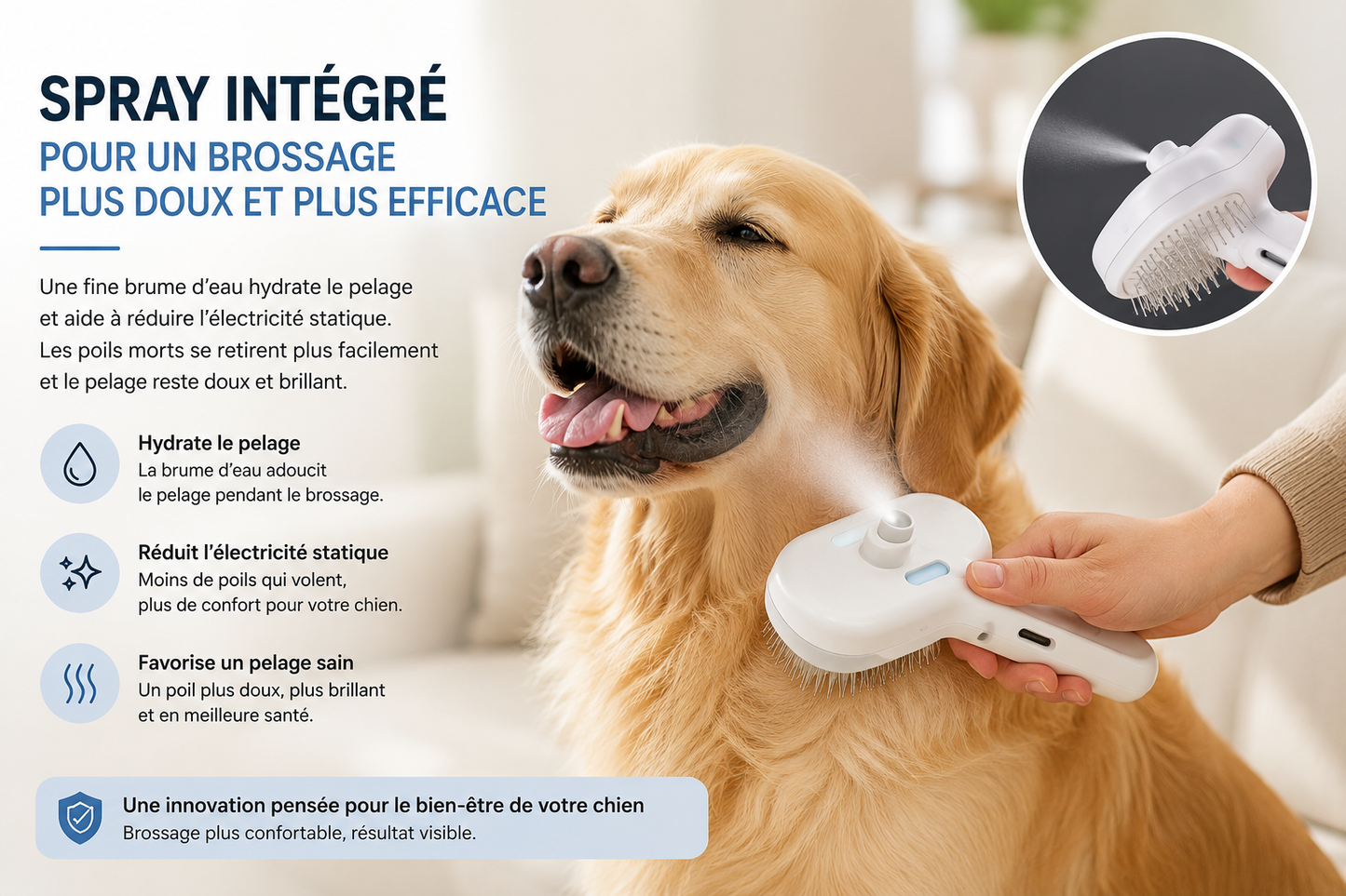 Brosse Anti-Poils Premium pour Chien | Spray Intégré & Autonettoyante