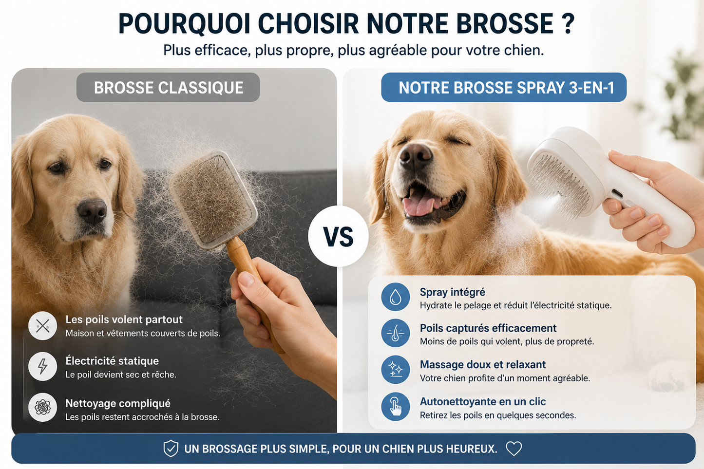 Brosse Anti-Poils Premium pour Chien | Spray Intégré & Autonettoyante