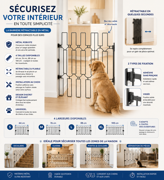 Barrière Rétractable en Métal pour Chien & Chat – Escaliers & Portes