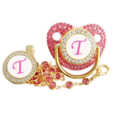Tétine personnalisée fille – Dorée & strass rose